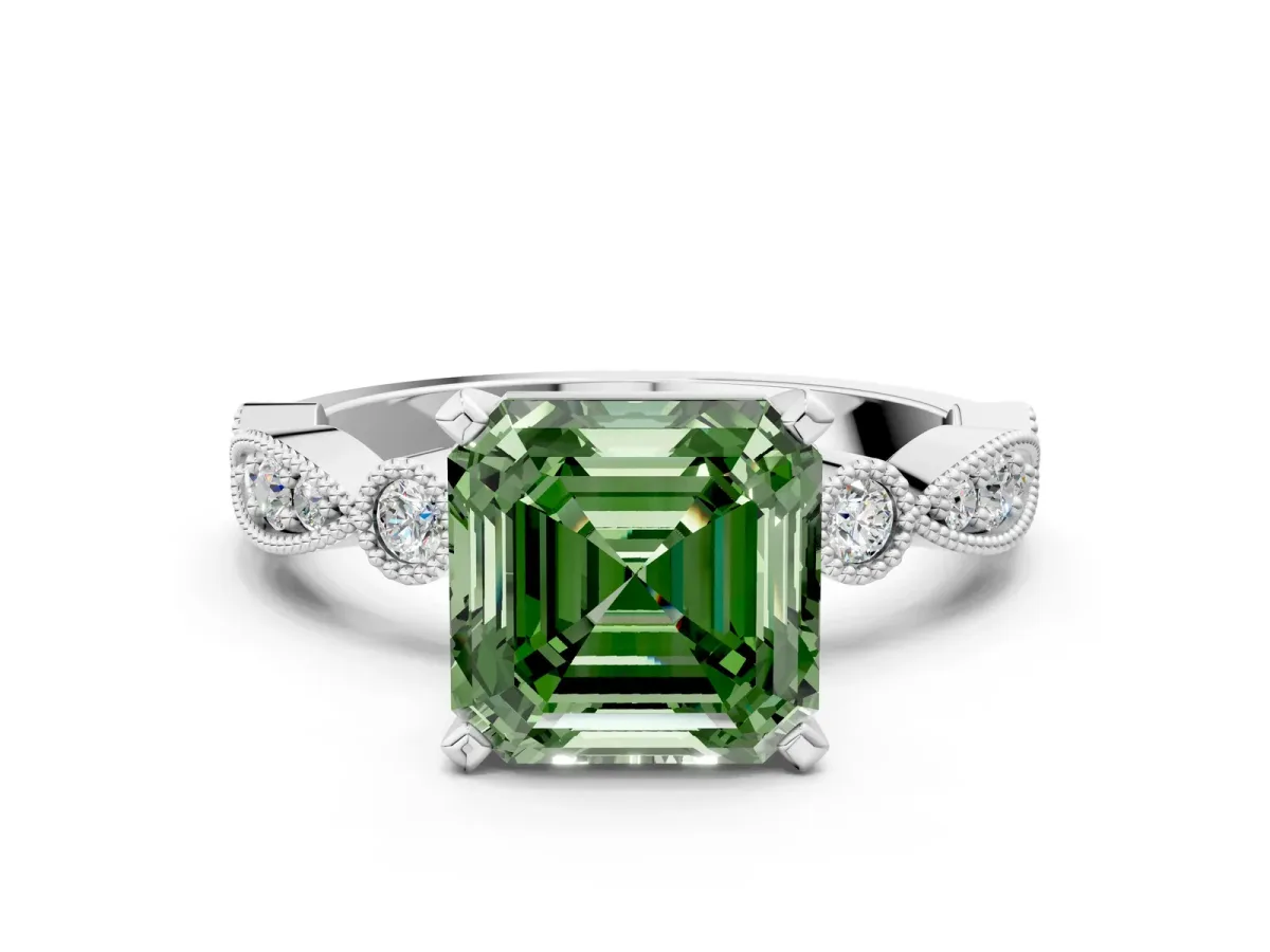 Fancy Green Asscher Cut Milgrain Bezel Diamond Engagement Ring with Solitaire Prong Setting Platinum