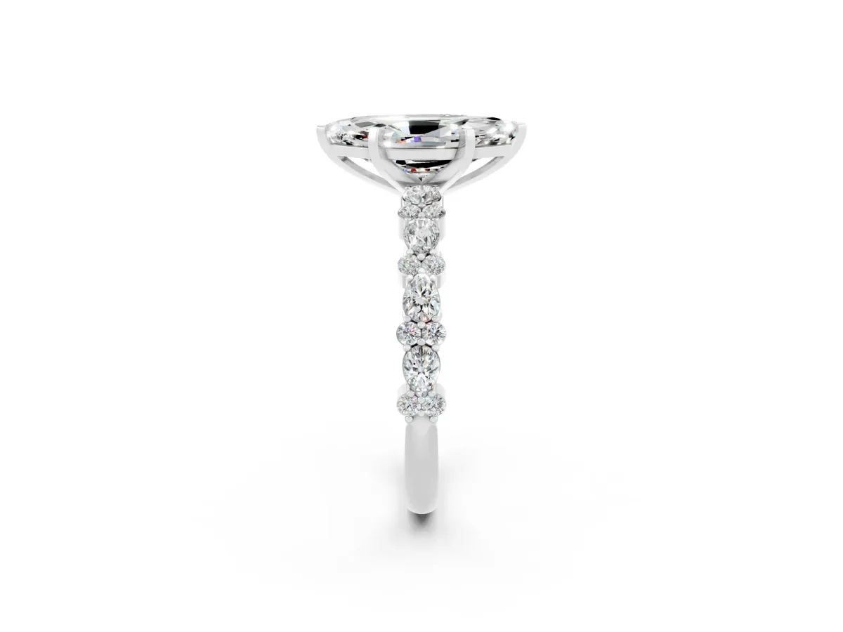 Marquise Cut Moissanite Side Stone Solitaire Ring with Round and Four-Prong Setting Silver