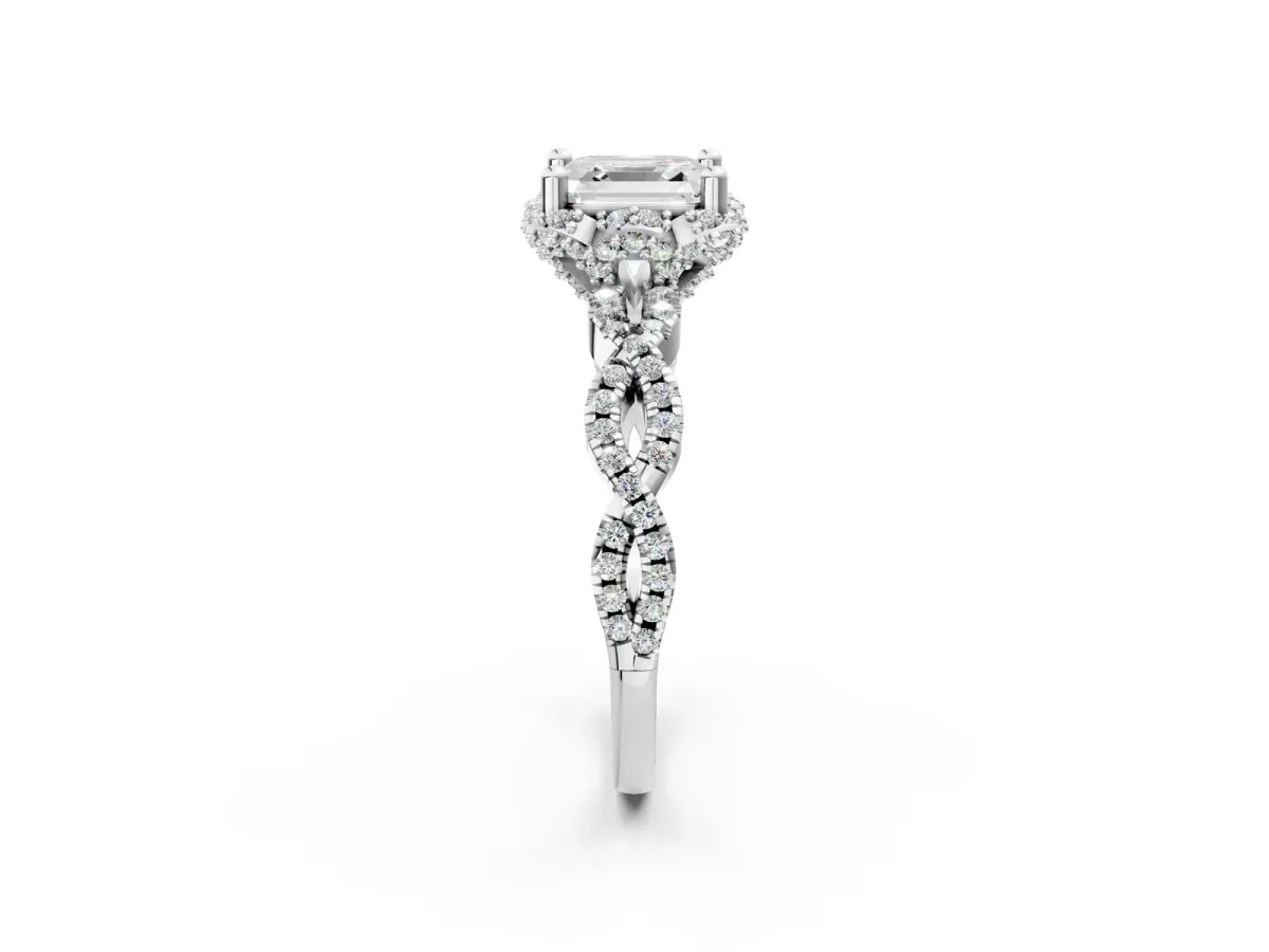 Asscher Cut Halo Twist Band Solitaire Ring with Six-Prong Setting Platinum