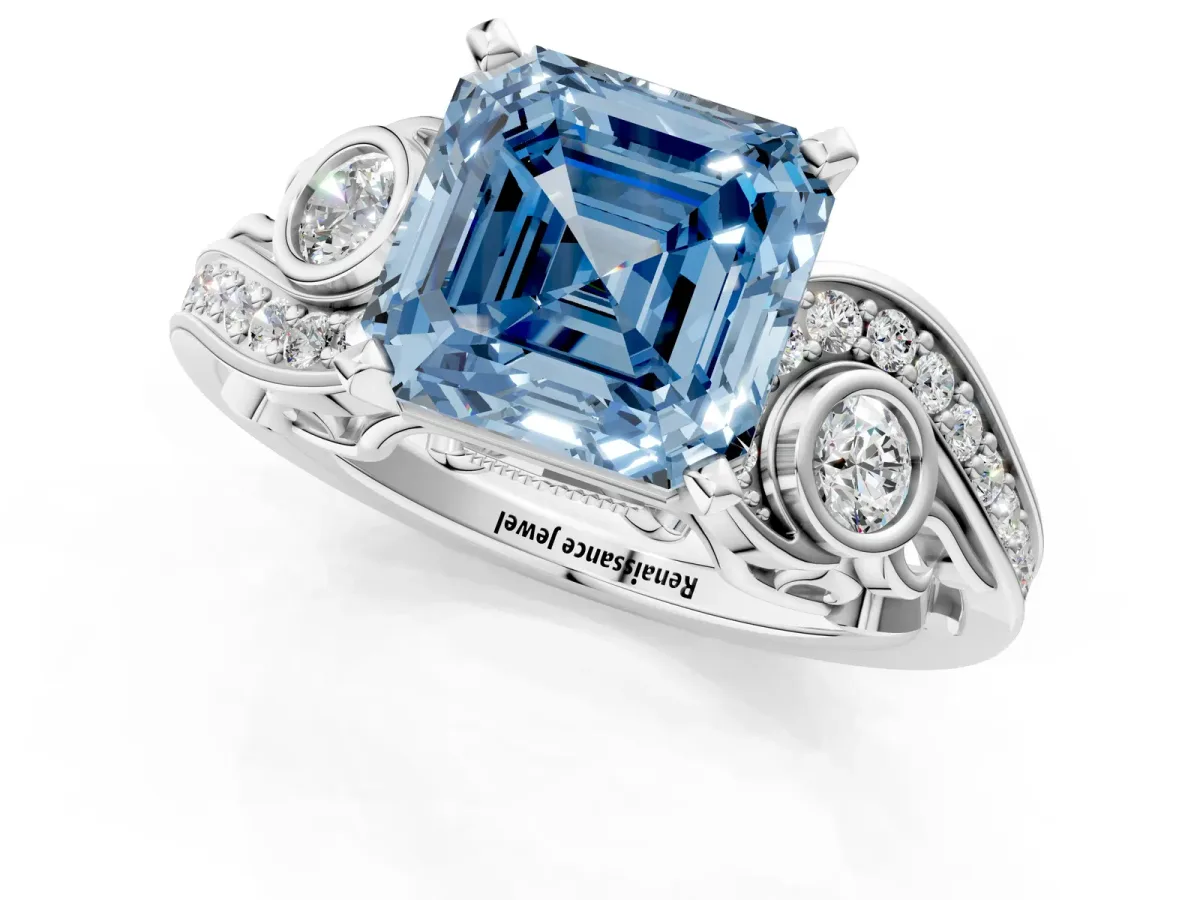 Fancy Blue Asscher Cut Diamond Solitaire Ring with Milgrain Pavé Band and Four-Prong Setting Silver