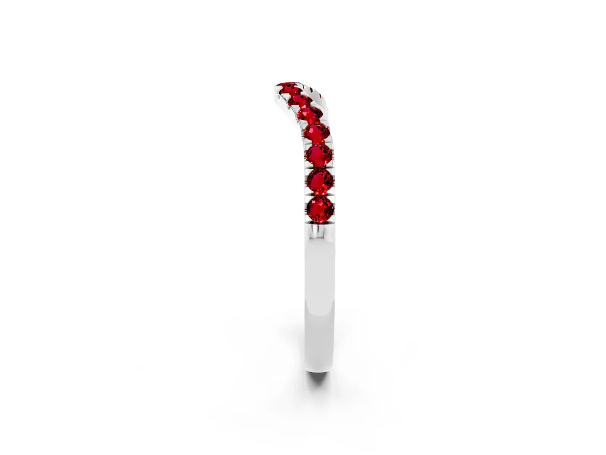Curved Pavé Round Ruby Wedding Band with Shared Prong Setting Silver