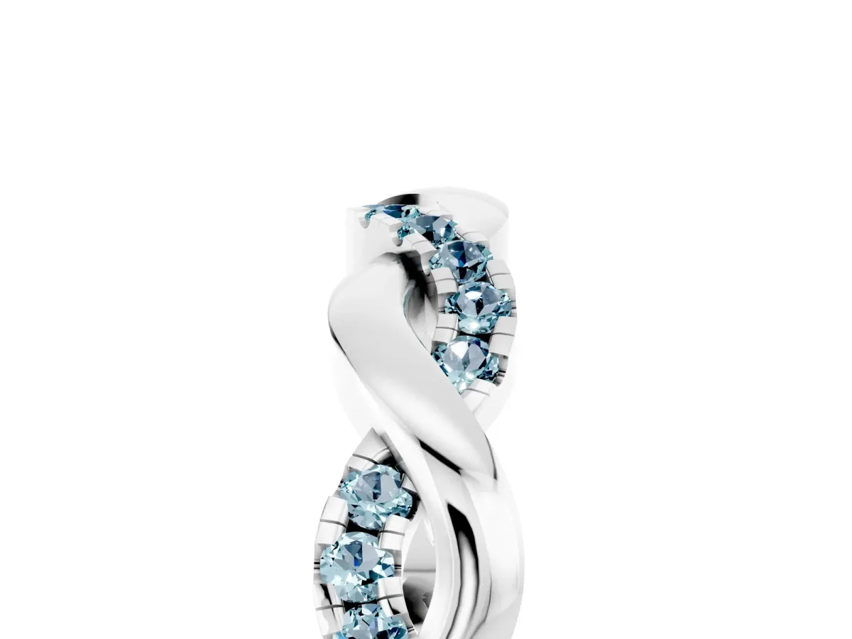 Pavé Round Aquamarine Twist Eternity Band with Shared Prong Setting Silver