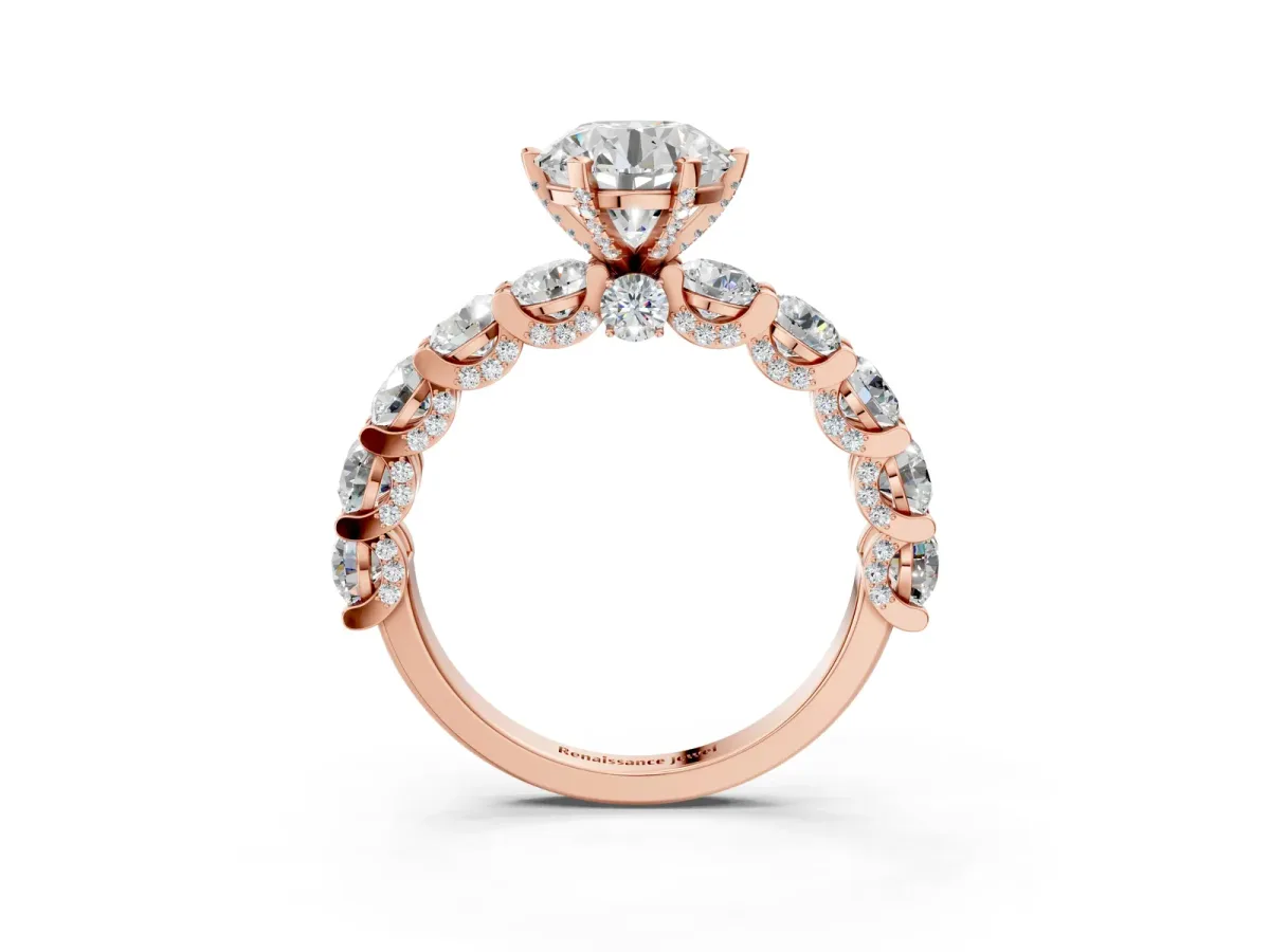 Round Cut Diamond Side Stone Engagement Ring with Four-Prong Setting Rose gold