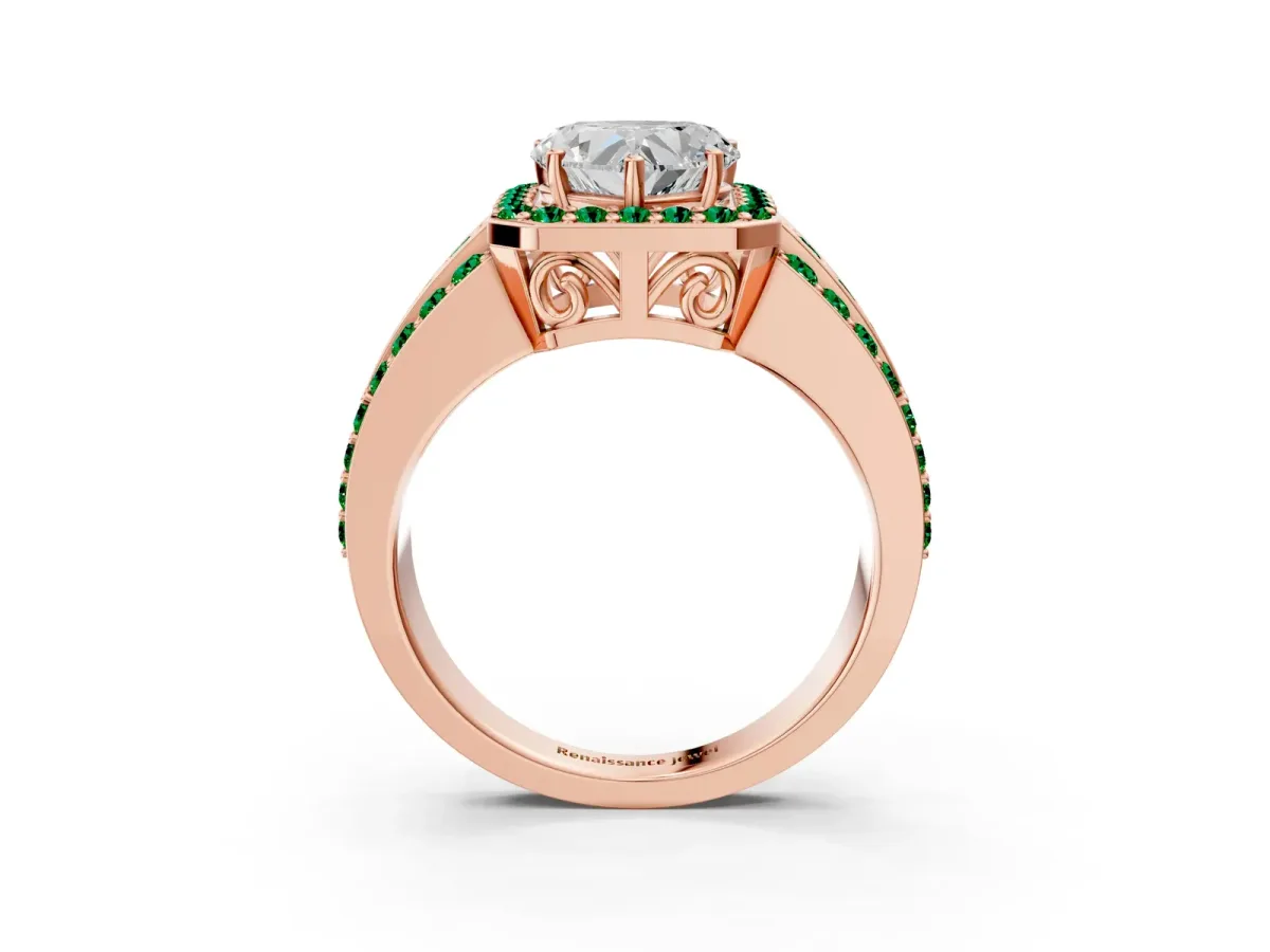 Heart Cut Halo Diamond Ring with Round Emerald Split Shank and Prong Setting Rose gold