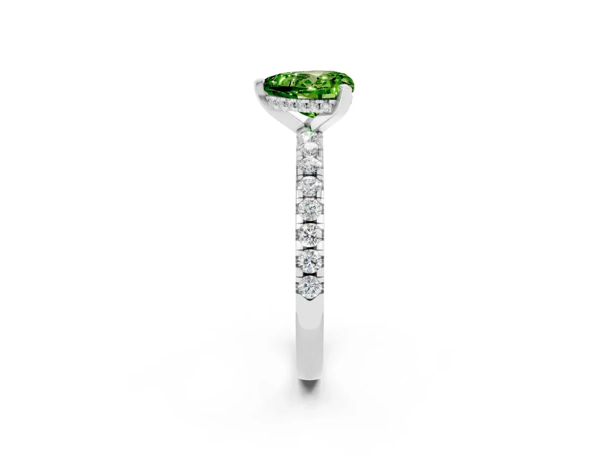 Heart Cut Peridot Solitaire Ring with Round Pavé Band and Four-Prong Setting Silver