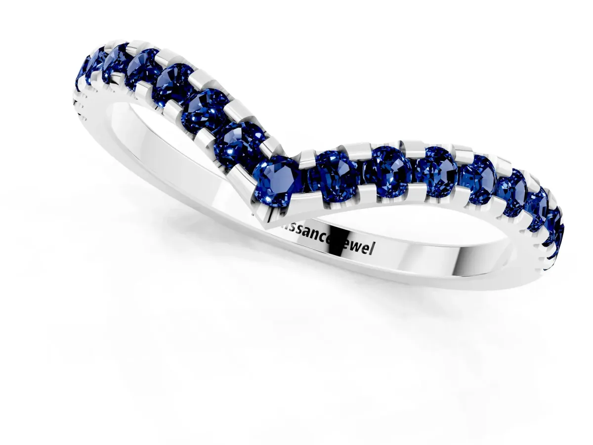 Pavé Round Blue Sapphire Chevron Band with Shared Prong Setting White gold