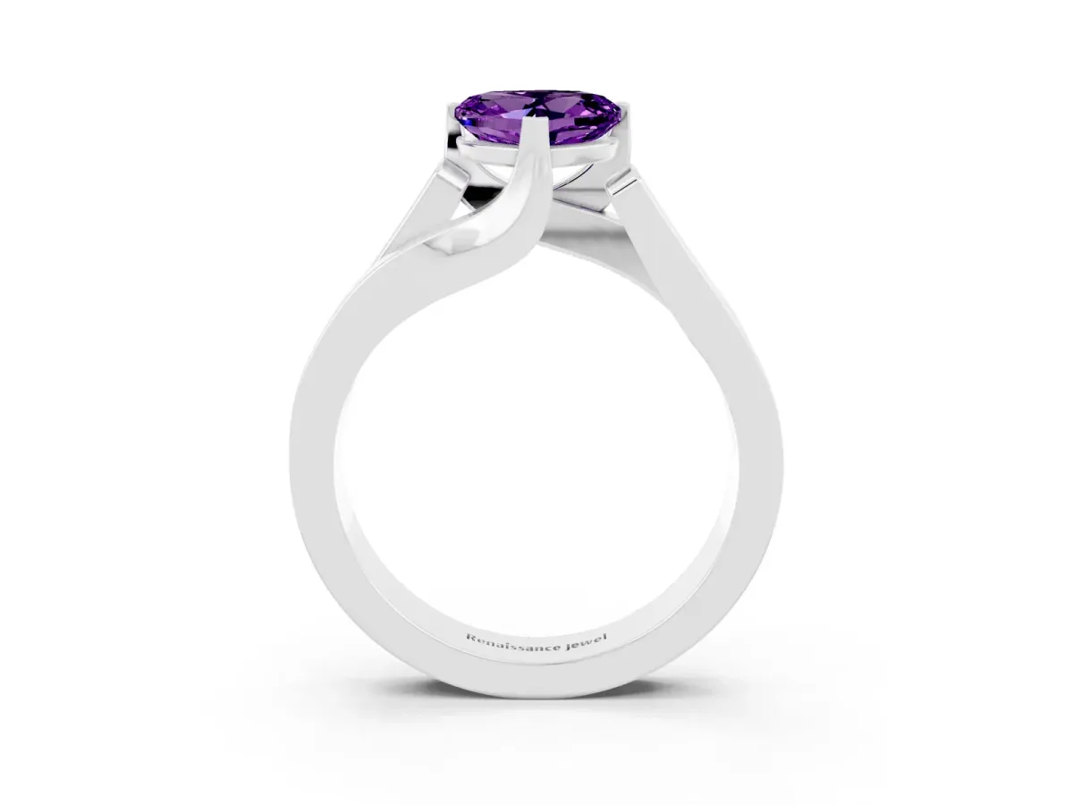 Modern Tension Set Heart Cut Amethyst Solitaire Wide Band Ring Silver