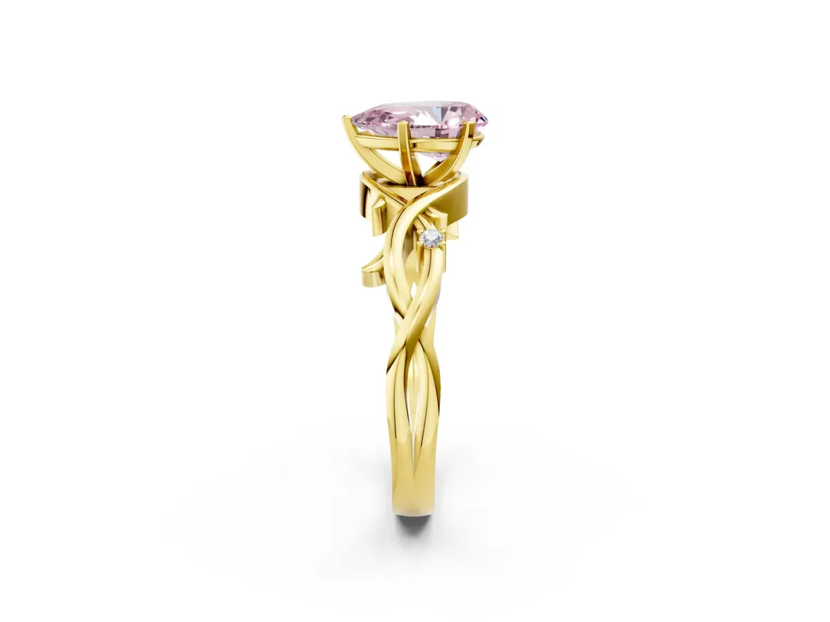 Fancy Pink Pear Cut Diamond Solitaire Ring with Twisted Band and Prong Setting Yellow gold