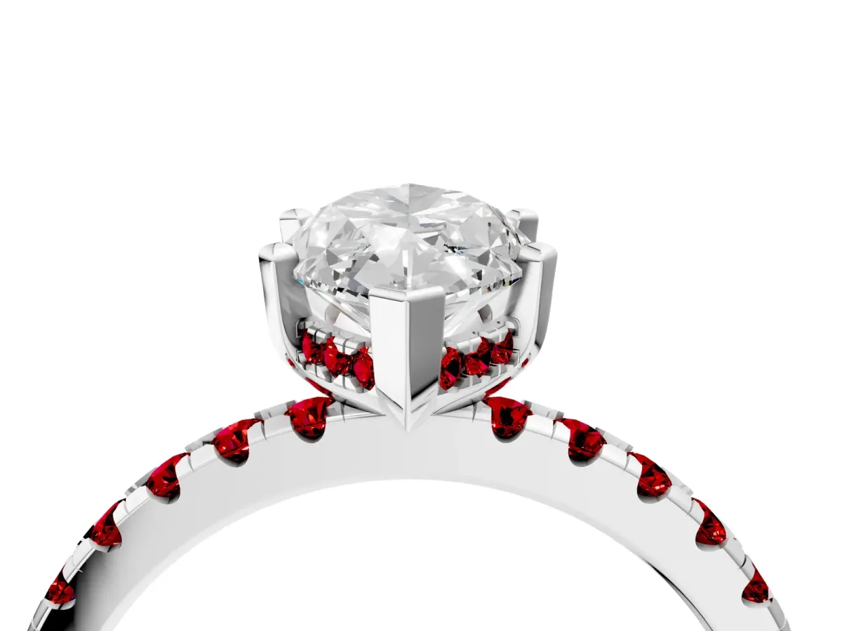 Marquise Cut Diamond Solitaire Ring with Round Ruby Pavé Band and Four-Prong Setting Platinum