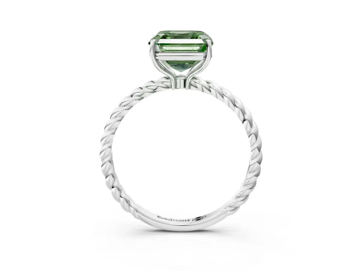 Fancy Green Asscher Cut Solitaire Twisted Band 4-Prong Ring Platinum