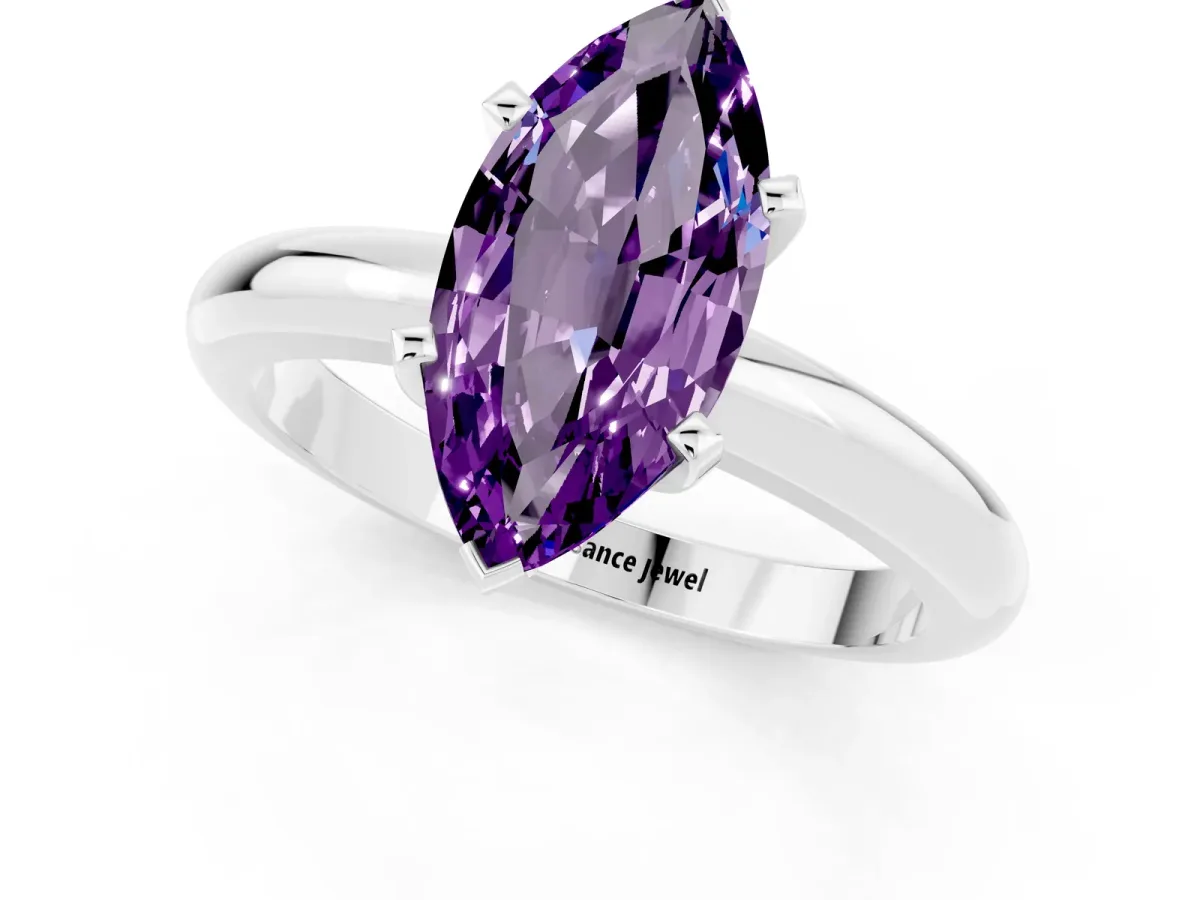Marquise Cut Amethyst Solitaire Engagement Ring with Round Band and Four-Prong Setting Silver