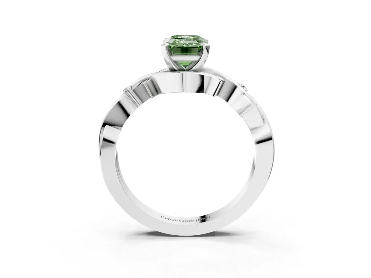 Fancy Green Emerald Cut Diamond Solitaire Ring with Twisted Band and Prong Setting Silver