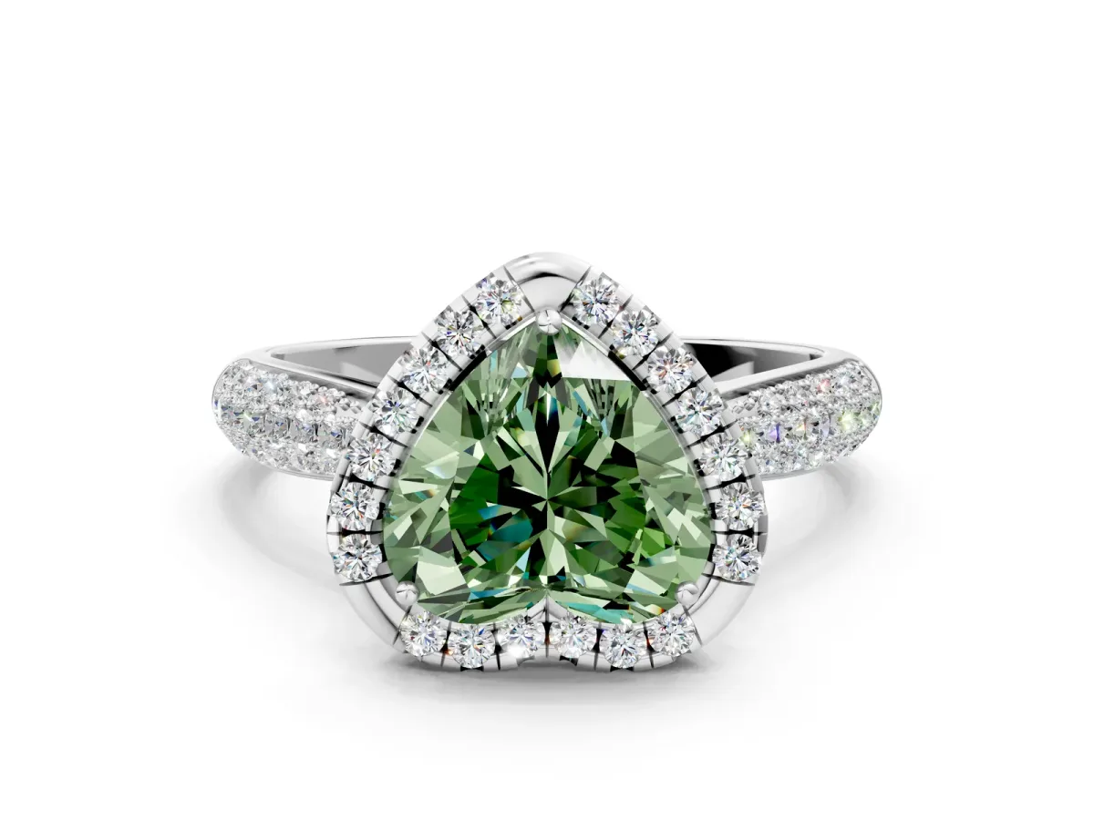 Fancy Green Heart Cut Cut Halo Pave Band Four-Prong Setting Ring Platinum