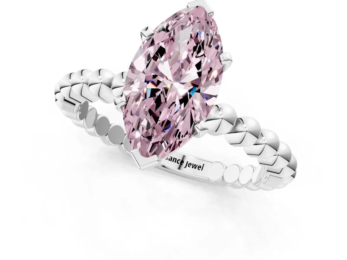 Fancy Pink Marquise Cut Diamond Solitaire Ring with Beaded Band and Prong Setting Silver
