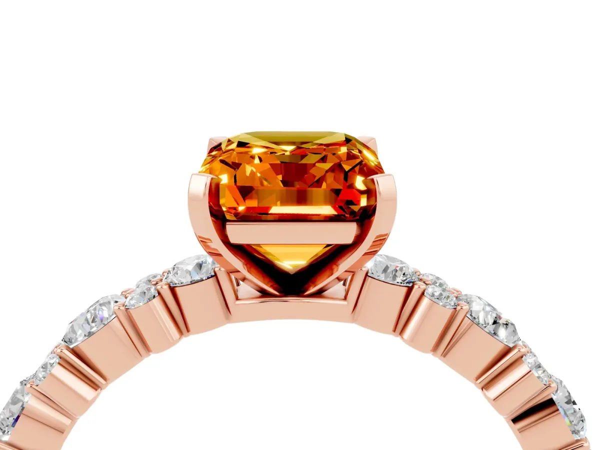 Emerald Cut Citrine Side Stone Solitaire Ring with Round and Four-Prong Setting Rose gold