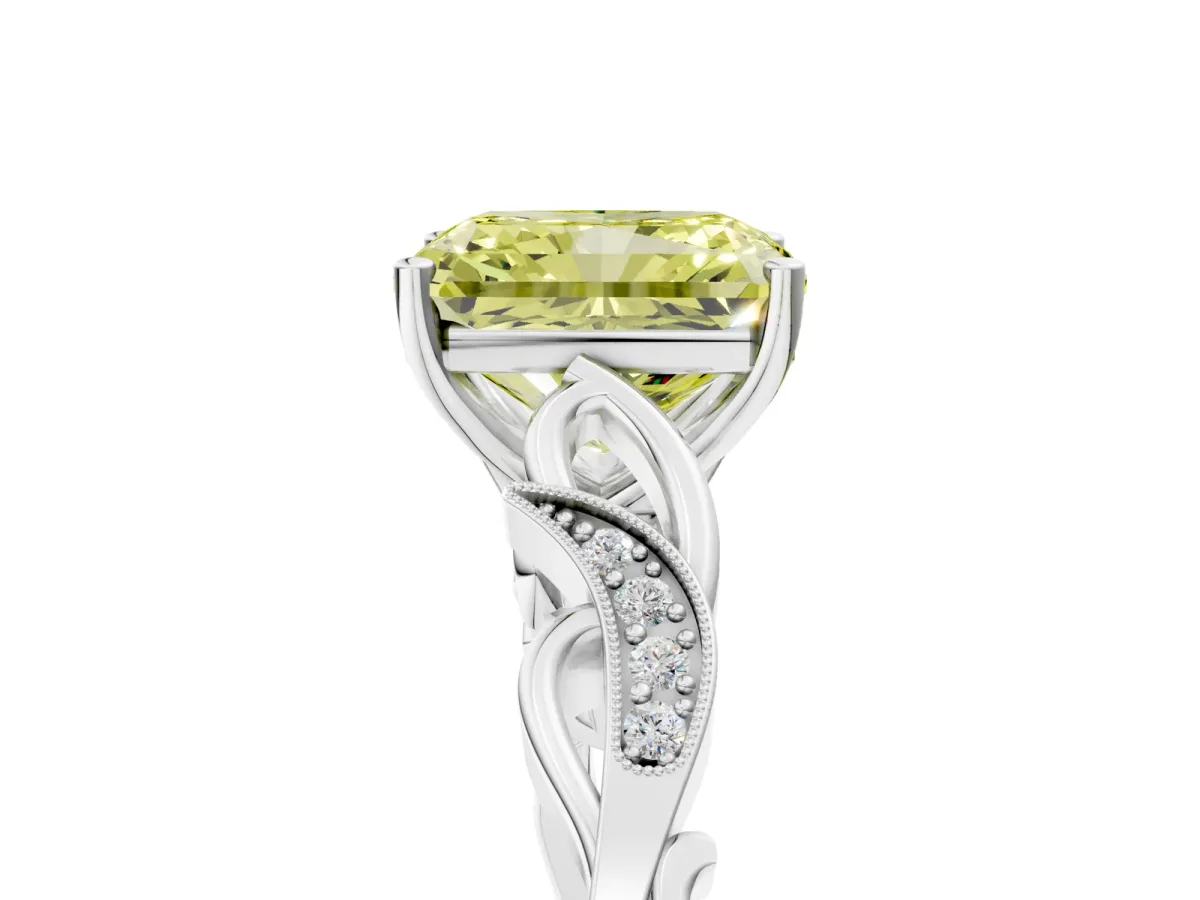 Fancy Yellow Radiant Cut Solitaire Vine Band with Milgrain Prong Setting Platinum