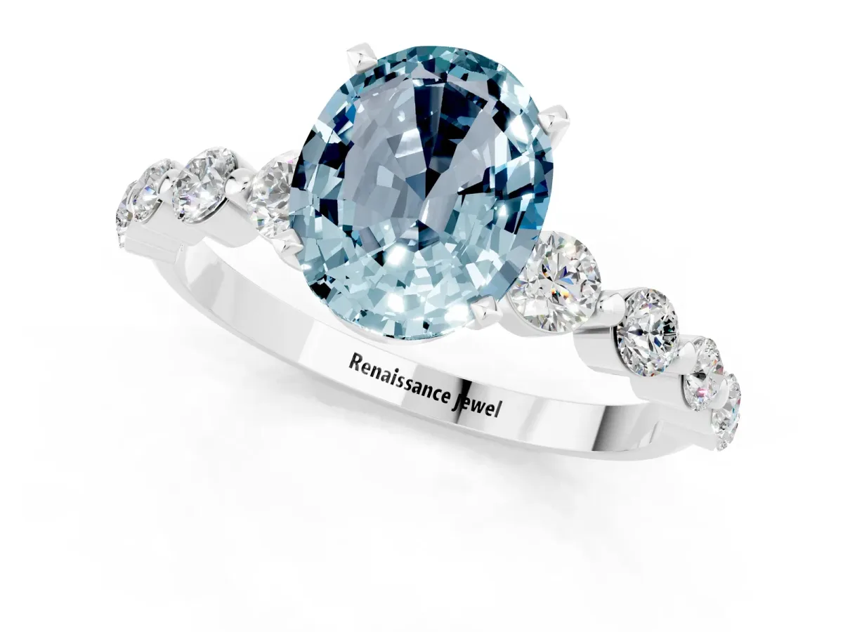 Oval Cut Solitaire Aquamarine Ring with Pave Band and Four-Prong Setting Silver