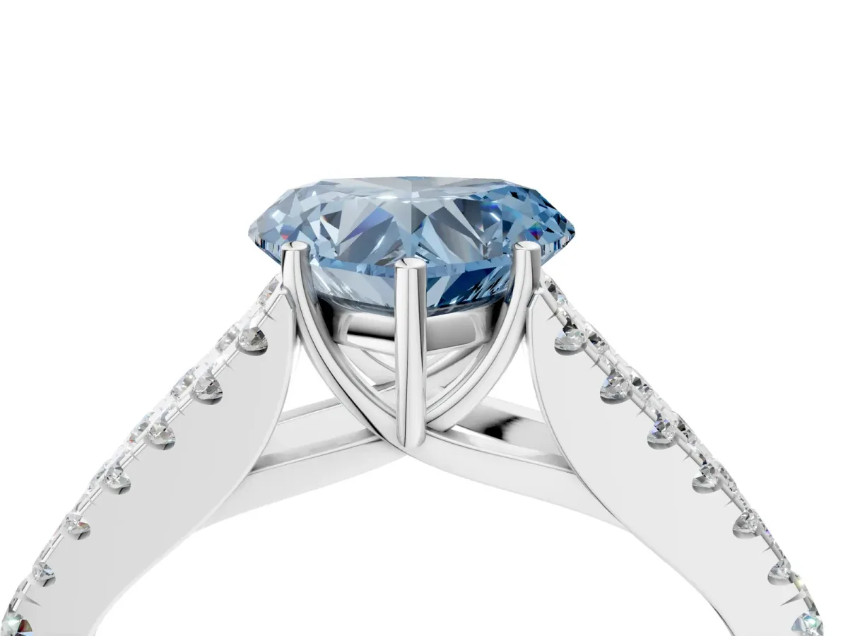 Fancy Blue Heart Cut Diamond Split Shank Pavé Engagement Ring with Four-Prong Setting White gold