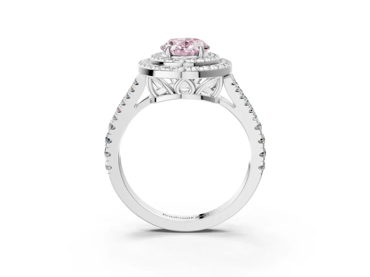 Fancy Pink Oval Cut Diamond Double Halo Ring with Pavé Band and Prong Setting Silver