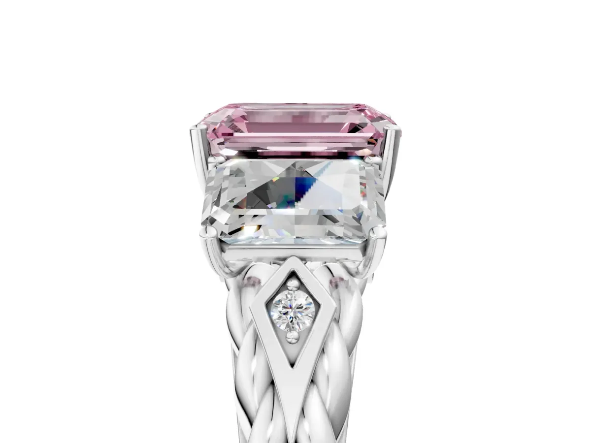 Fancy Pink Three-Stone Emerald Cut Diamond Braided Band Ring with Four-Prong Setting Silver