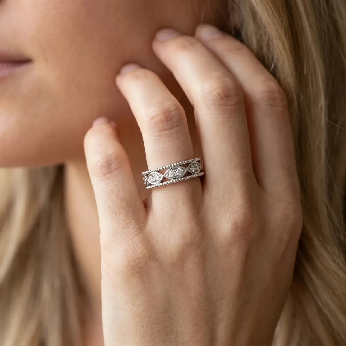 Round Diamond Marquise Milgrain Two-Tone Prong Set Band Silver