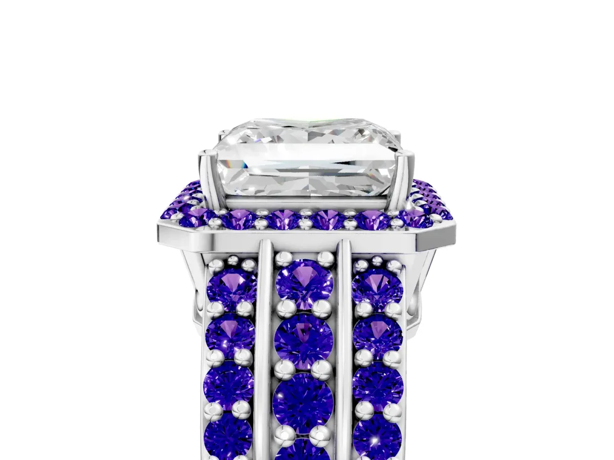 Princess Cut Halo Diamond Ring with Round Tanzanite Split Shank and Prong Setting Silver
