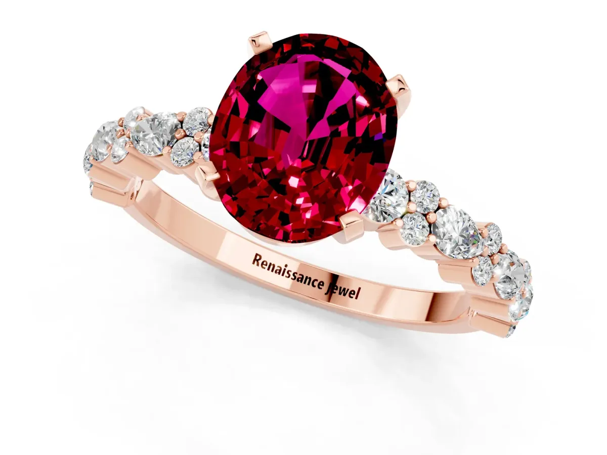 Oval Cut Garnet Side Stone Solitaire Ring with Round and Four-Prong Setting Rose gold