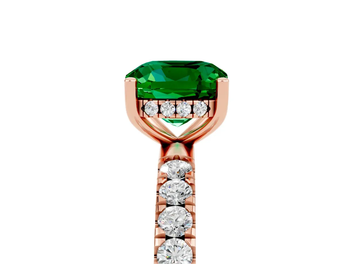 Cushion Cut Emerald Pave Band Solitaire Ring with Round and Prong Setting Rose gold