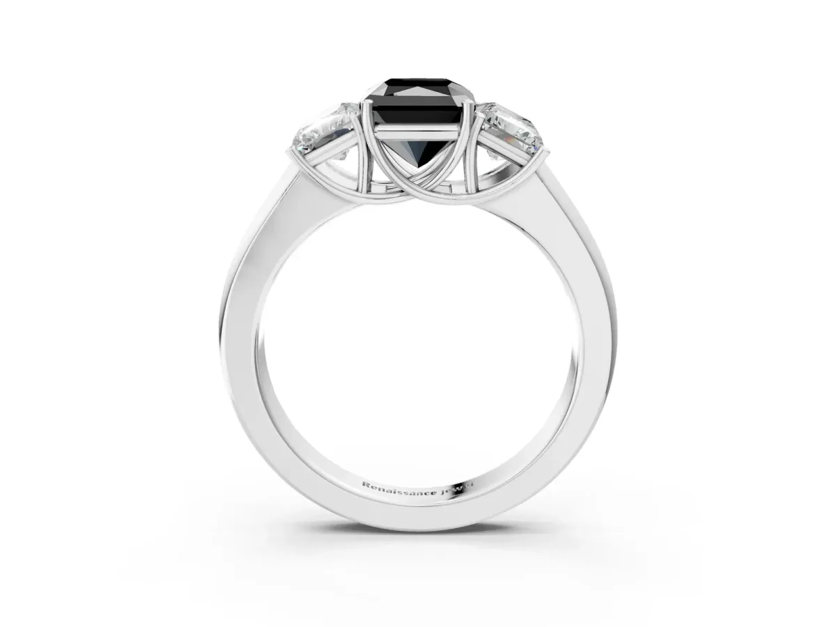 Fancy Black Three-Stone Radiant Cut Cut Diamond Ring with Prong Setting and Classic Band Platinum