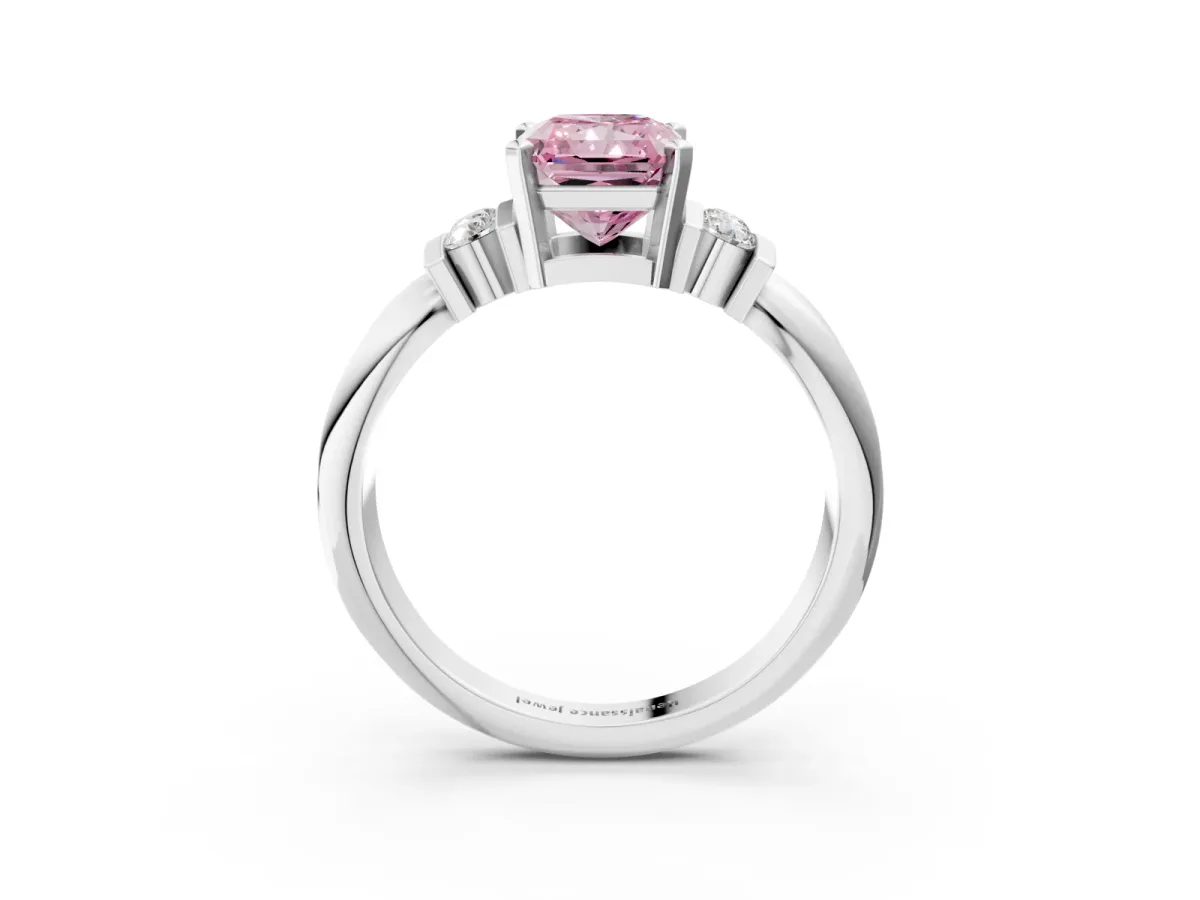 Fancy Pink Radiant Cut Cut Three-Stone Channel Set Ring with Bar Prongs Platinum