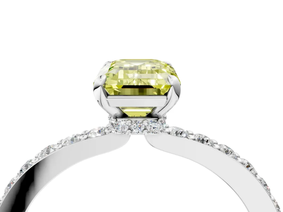Fancy Yellow Emerald Cut Diamond Solitaire Engagement Ring with Pavé Band and Four-Prong Setting Silver