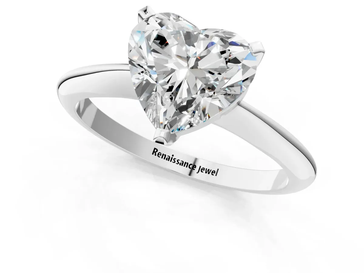 Heart Cut Diamond Solitaire Engagement Ring with Classic Band and Four-Prong Setting Silver