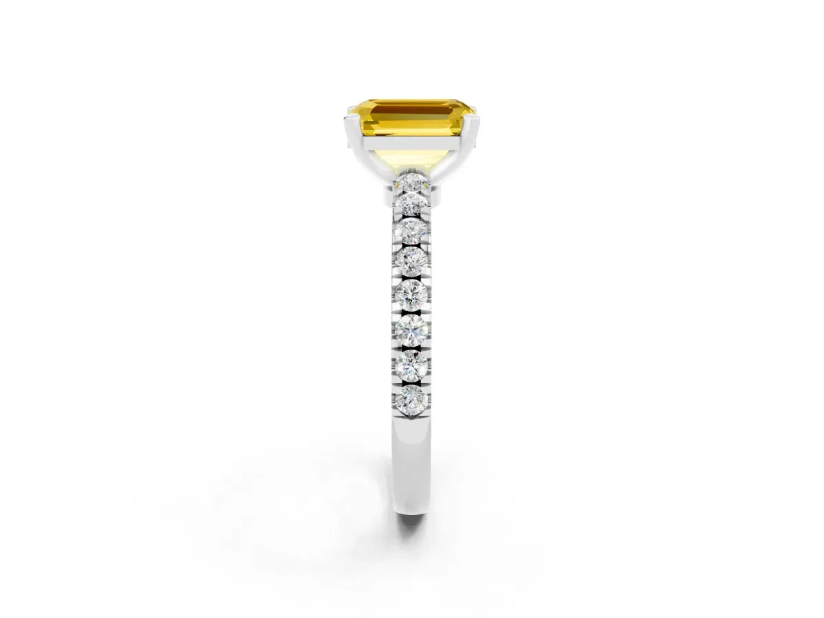 Emerald Cut Solitaire Yellow Sapphire with Pavé Band and Four-Prong Setting Silver