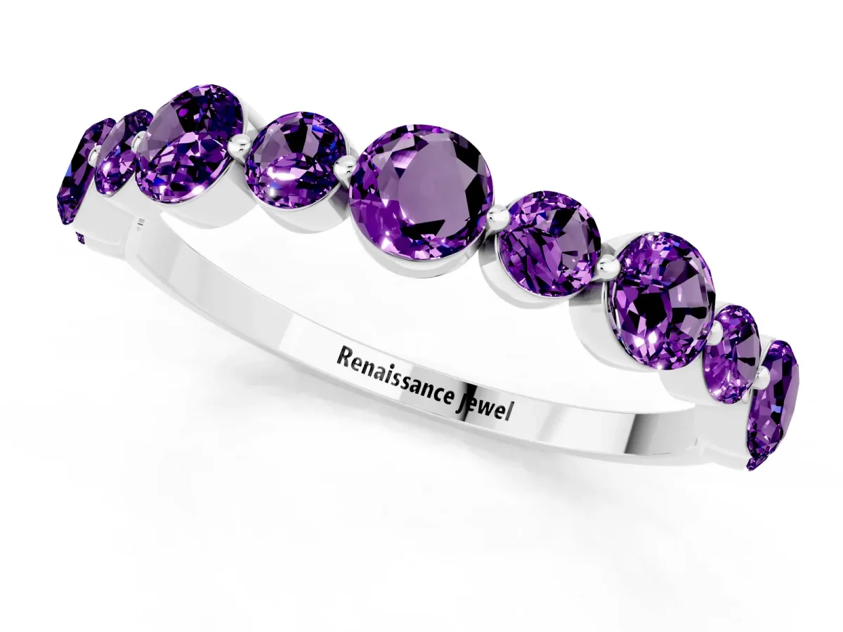 Round Amethyst Scalloped Prong Set Eternity Band Silver