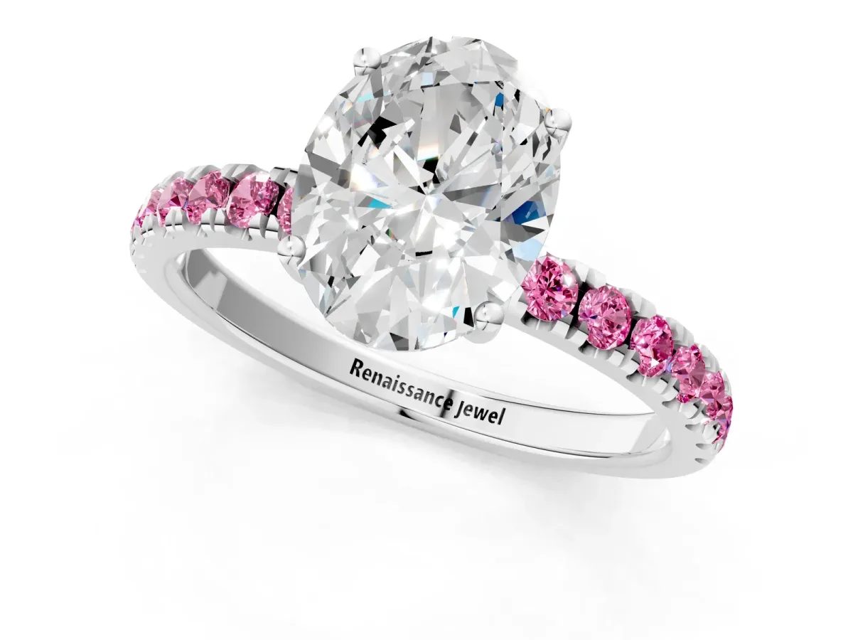 Oval Cut Diamond Pave Band Solitaire Ring with Round Pink Sapphire and Prong Setting Silver