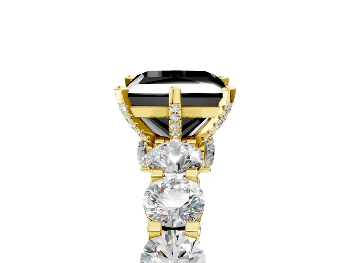 Fancy Black Princess Cut Diamond Side Stone Engagement Ring with Four-Prong Setting Yellow gold