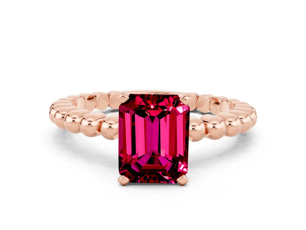 Emerald Cut Garnet Solitaire Ring with Beaded Band and Prong Setting Rose gold