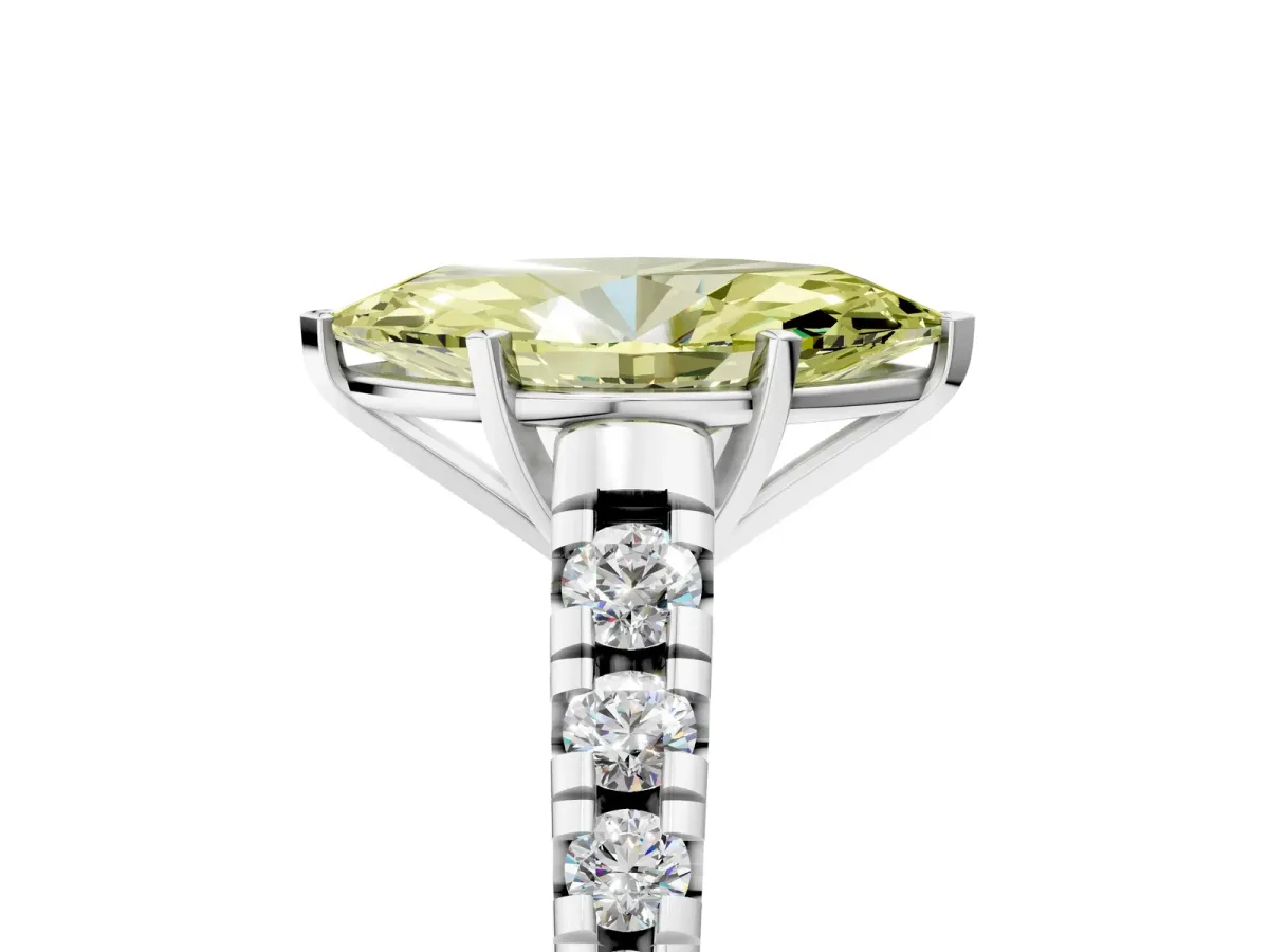 Fancy Yellow Marquise Cut Diamond Cathedral Solitaire Ring with Round Pavé Band Silver