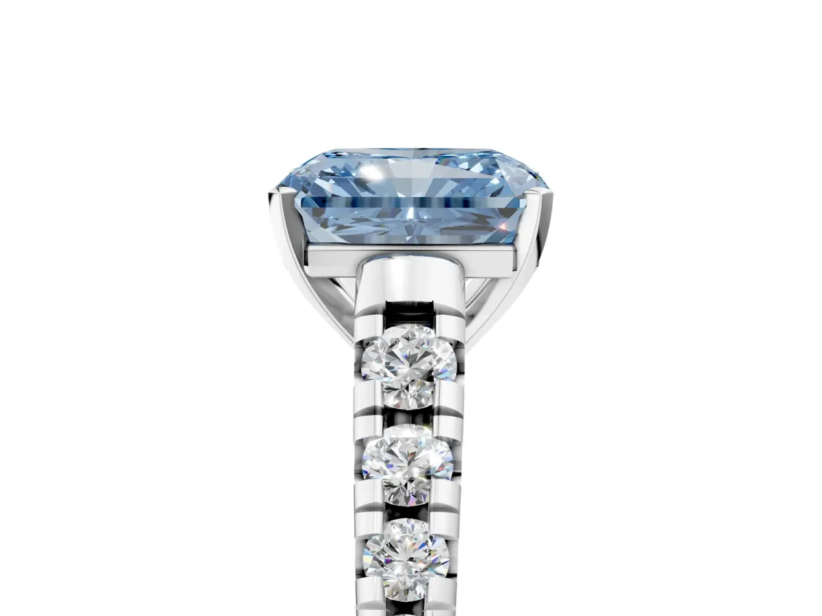 Fancy Blue Radiant Cut Diamond Cathedral Solitaire Ring with Round Pavé Band Silver