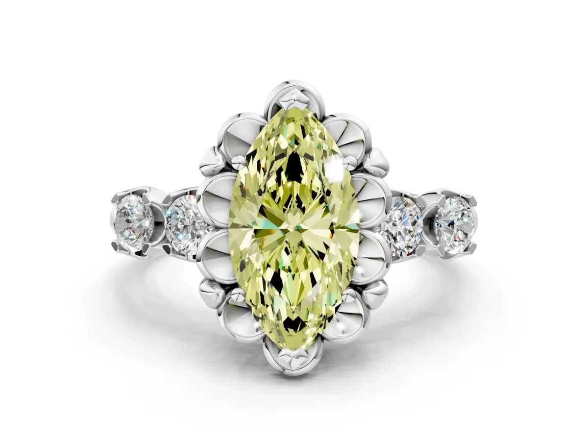 Fancy Yellow Marquise Cut Cut Diamond Floral Halo Engagement Ring with Shared Prong Setting Silver