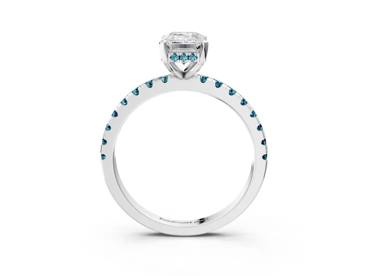 Emerald Cut Diamond Solitaire Ring with Round Blue Topaz Pavé Band and Four-Prong Setting Silver