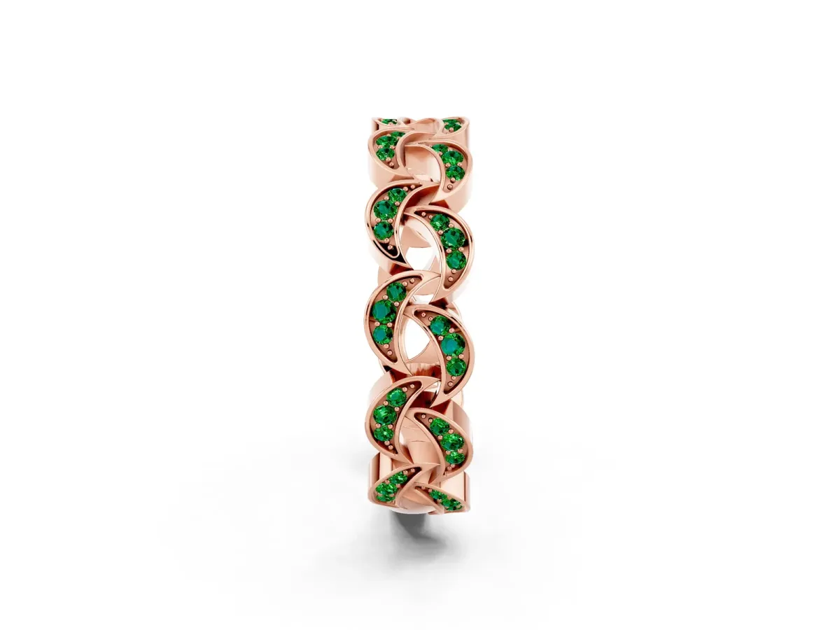 Pavé Round Emerald Interlocking Eternity Band with Bezel Prong Setting Rose gold