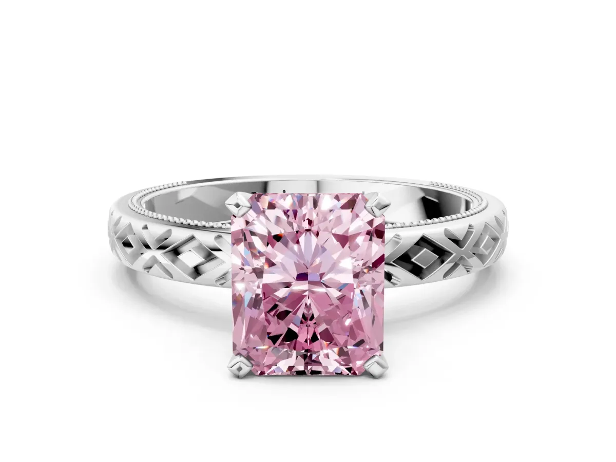 Fancy Pink Radiant Cut Solitaire Diamond Ring with Milgrain and Black Enamel X Pattern Band Platinum