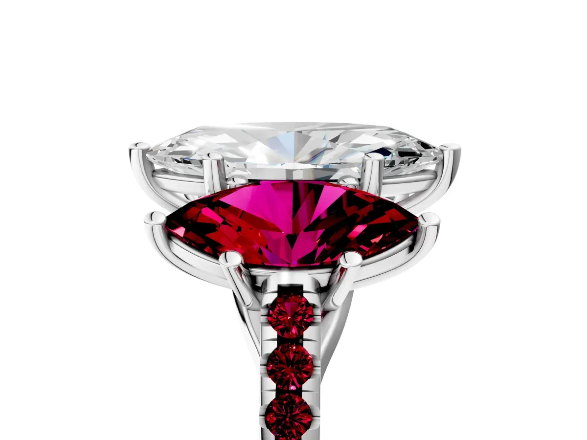 Three-Stone Marquise Cut Diamond Ring with Round Garnet Pavé Band and Prong Setting Platinum