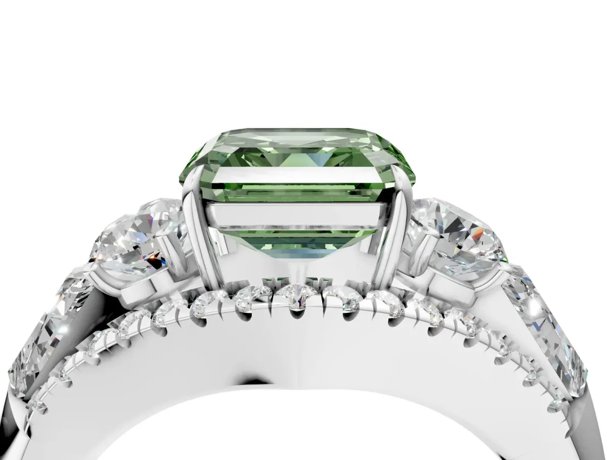 Fancy Green Three-Stone Asscher Cut Diamond Engagement Ring with Pave Band and Prong Setting Platinum