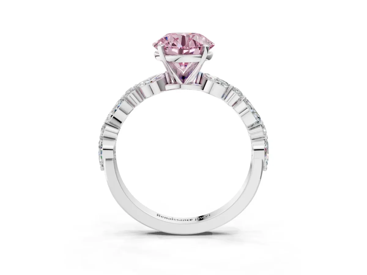 Fancy Pink Round Cut Diamond Ring with Marquise and Round Side Stones and Four-Prong Setting Silver