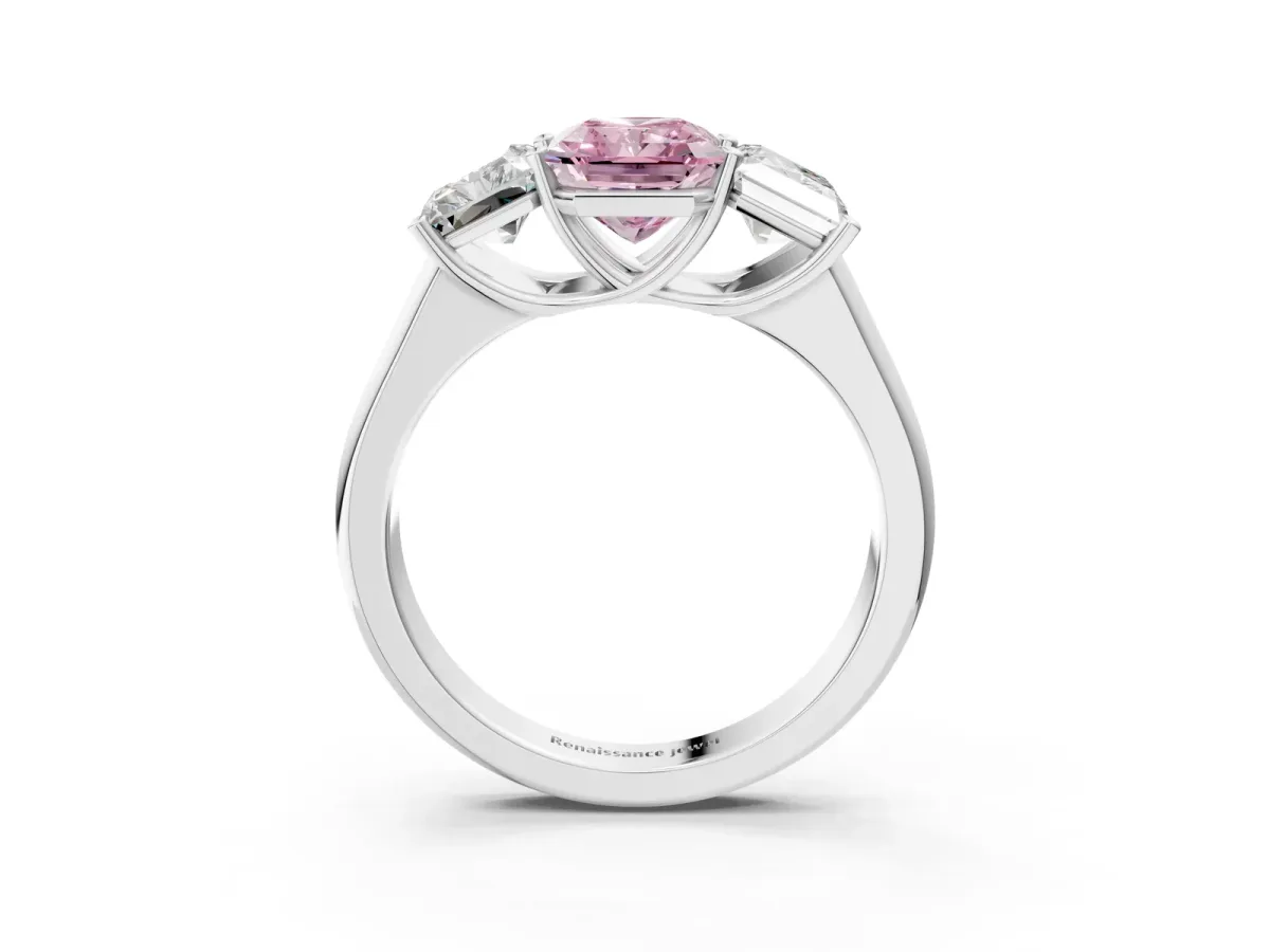 Fancy Pink Radiant Cut Three-Stone Diamond Ring with Prong Setting on a Classic Band Platinum