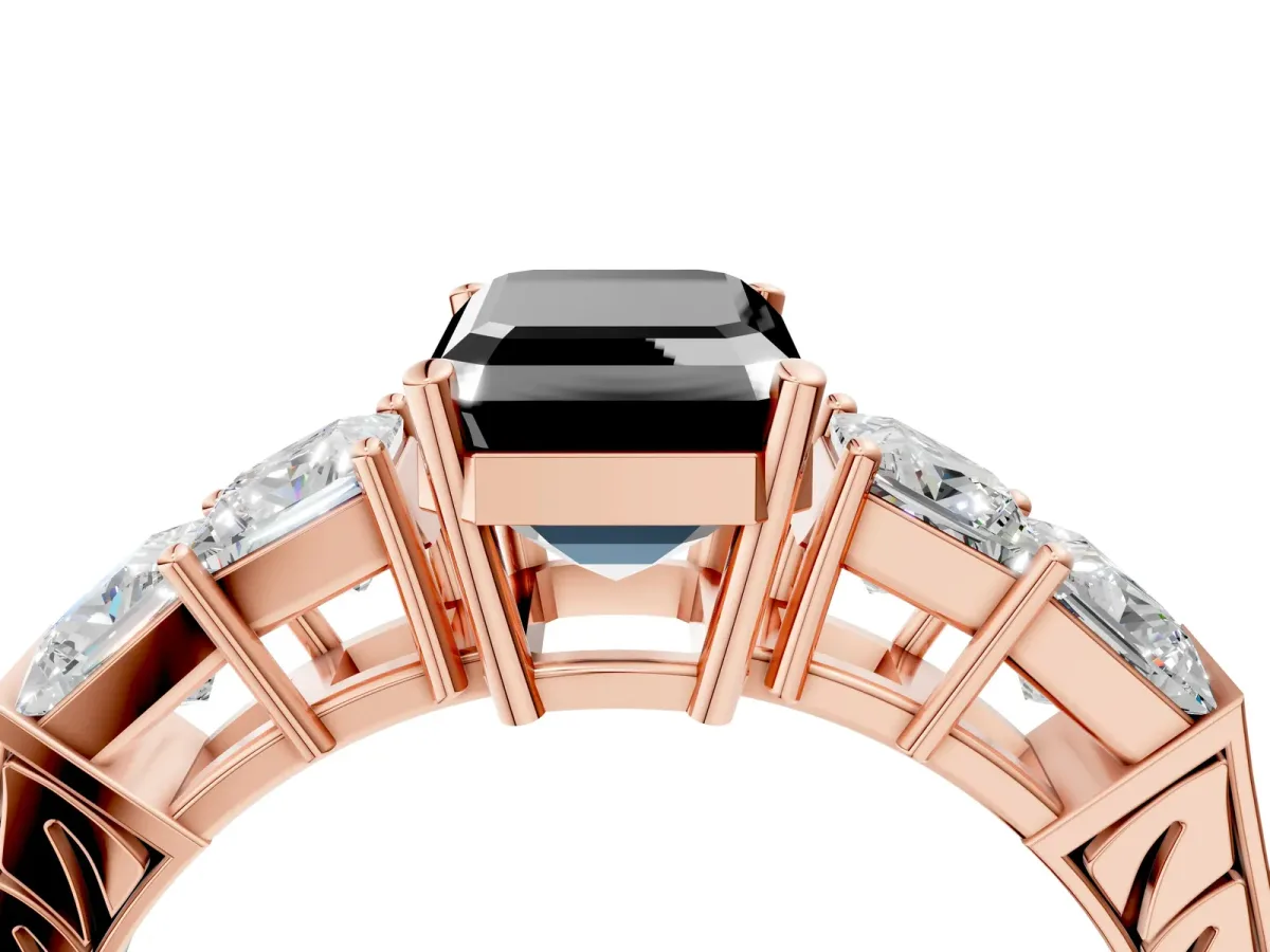 Fancy Black Emerald Cut Solitaire Princess Side Stone Engraved Band Prong Setting Ring Rose gold