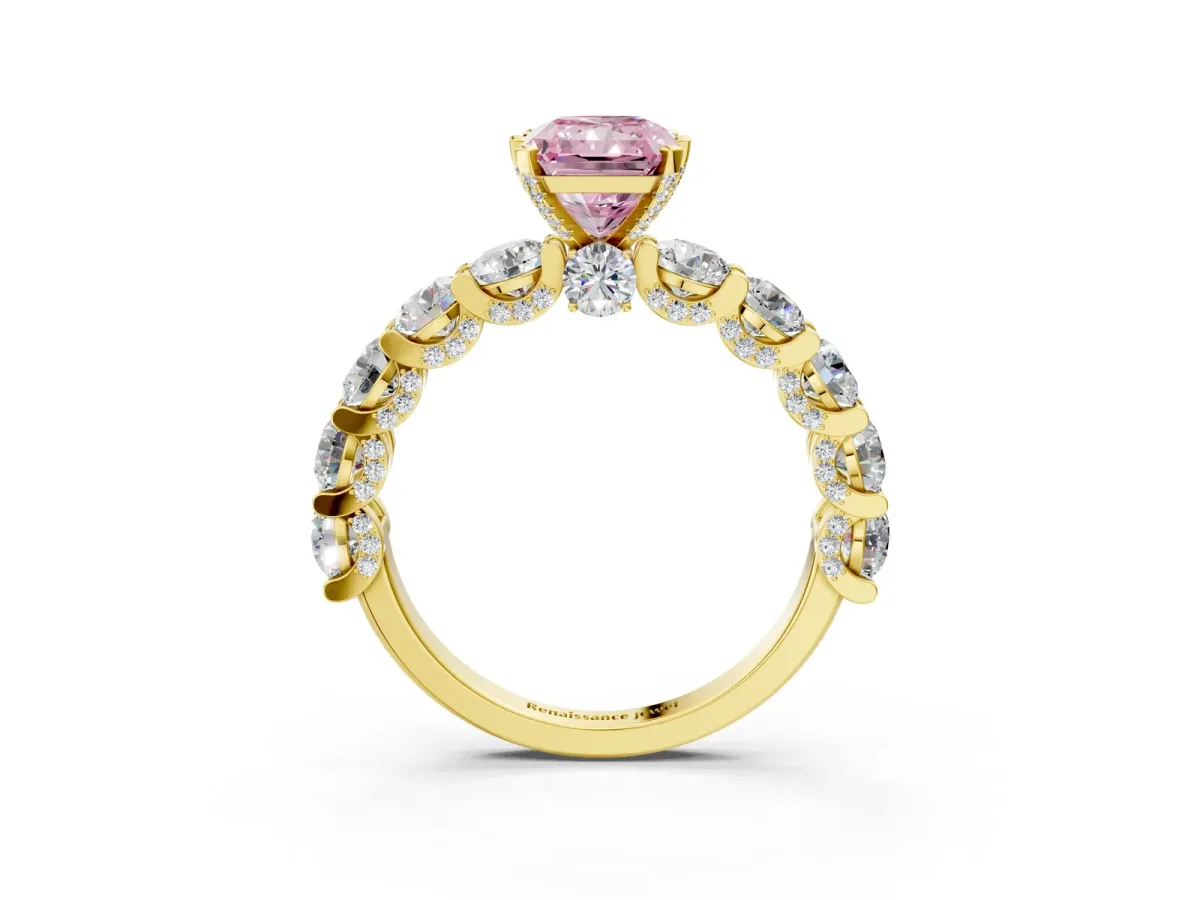 Fancy Pink Radiant Cut Diamond Side Stone Engagement Ring with Four-Prong Setting Yellow gold