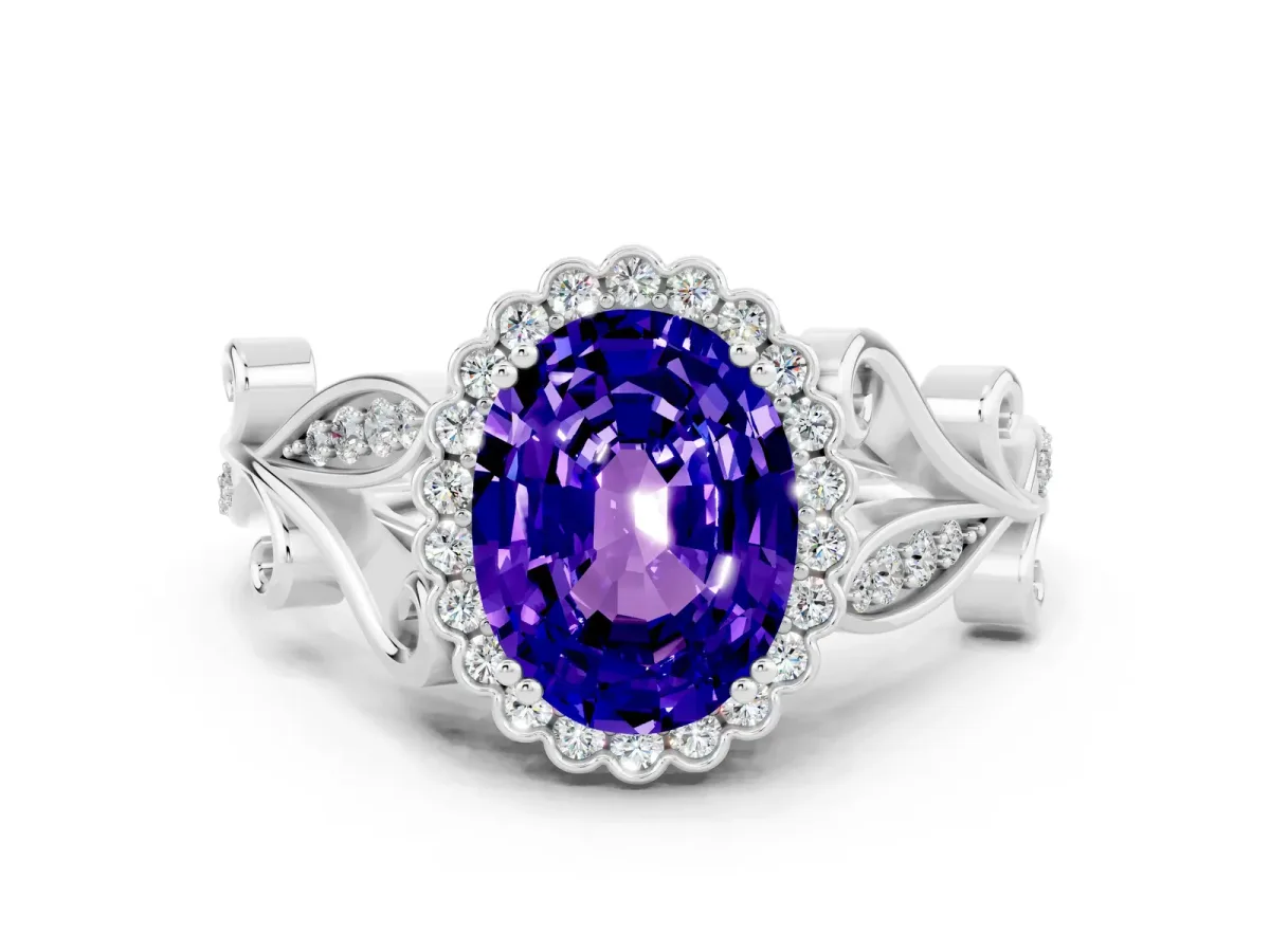 Oval Cut Tanzanite Halo Ring with Vintage Split Shank and Four-Prong Setting Silver